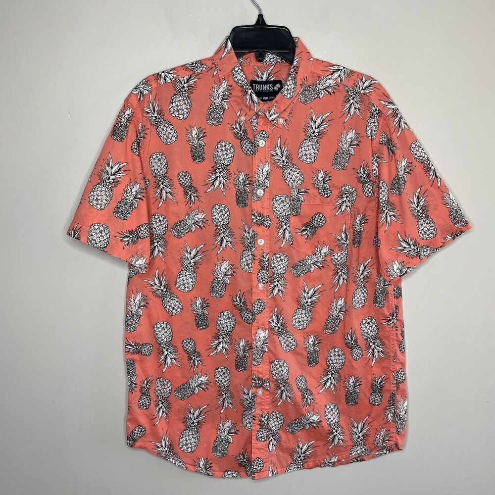 TRUNKS Mens Pineapple Print Button-Down Shirt EUC Classic-Fit Orange Sz M